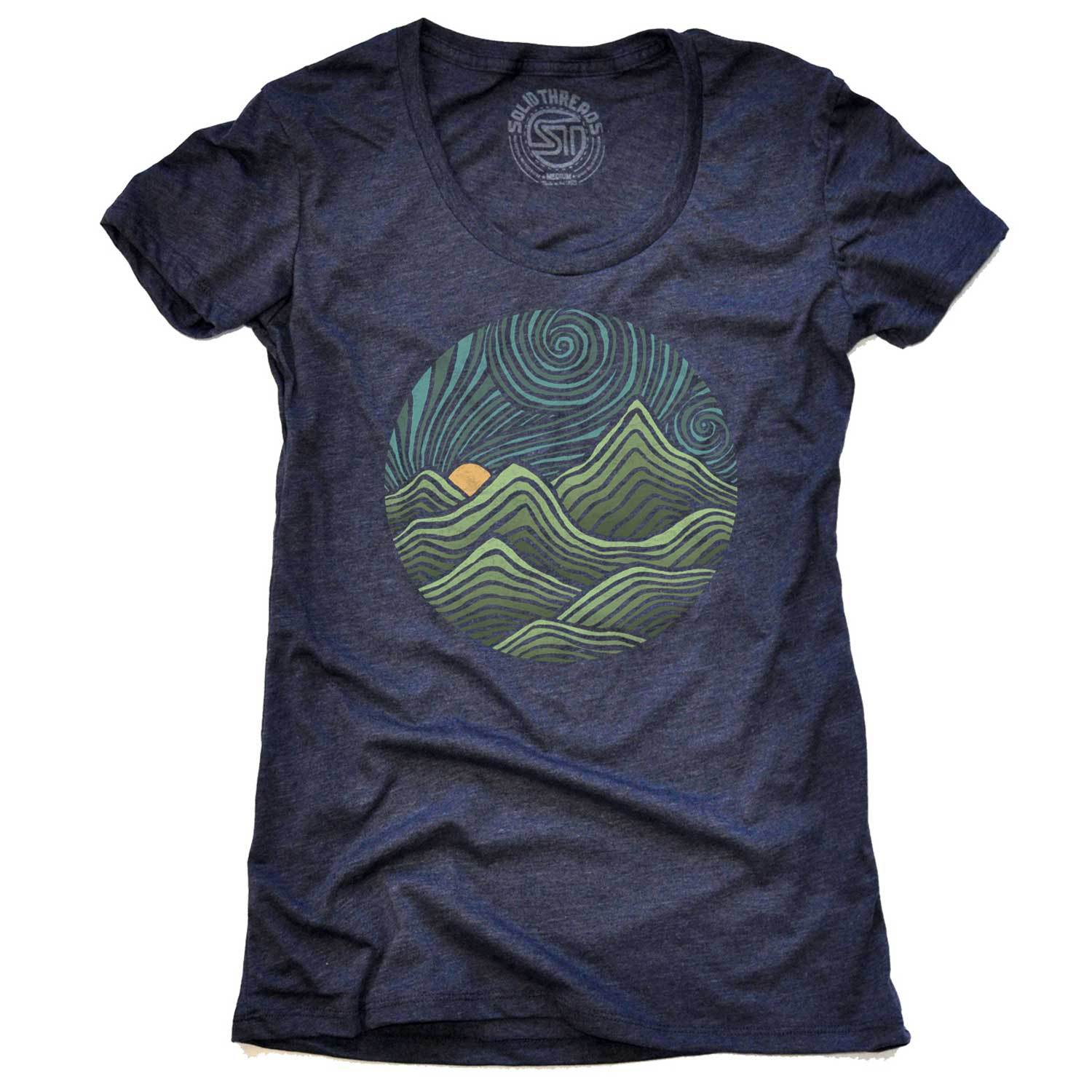Women's Swirly Mountains Vintage Nature Graphic Tee | Cool Colorful Hippie T-Shirt | Solid Threads