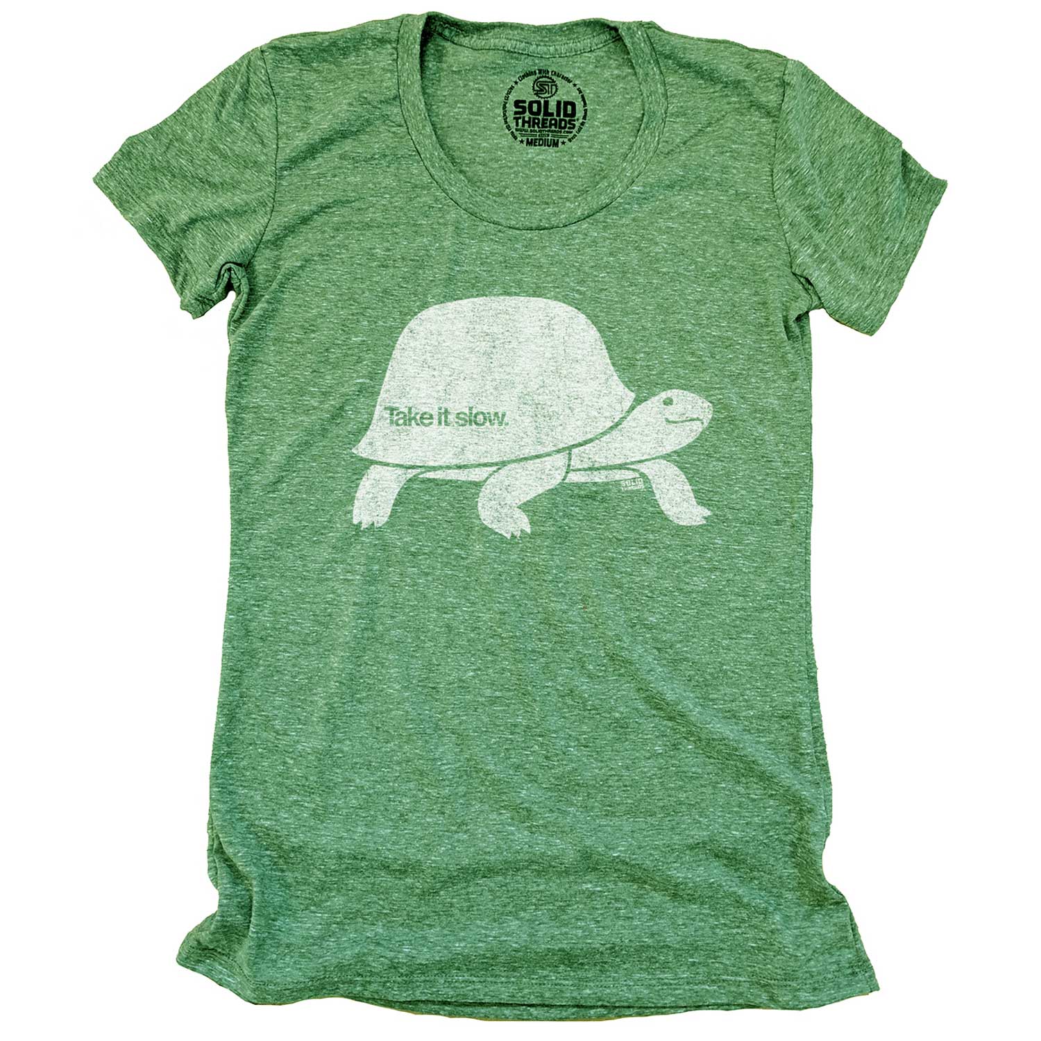 Women's Take It Slow Vintage Turtle Graphic T-Shirt | Cool Mindfulness Soft T-Shirt | Solid Threads