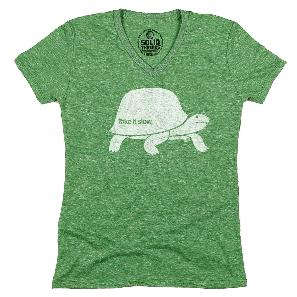 Women&#39;s Take it Slow Vintage Graphic V-Neck Tee | Funny Turtle T-shirt | Solid Threads