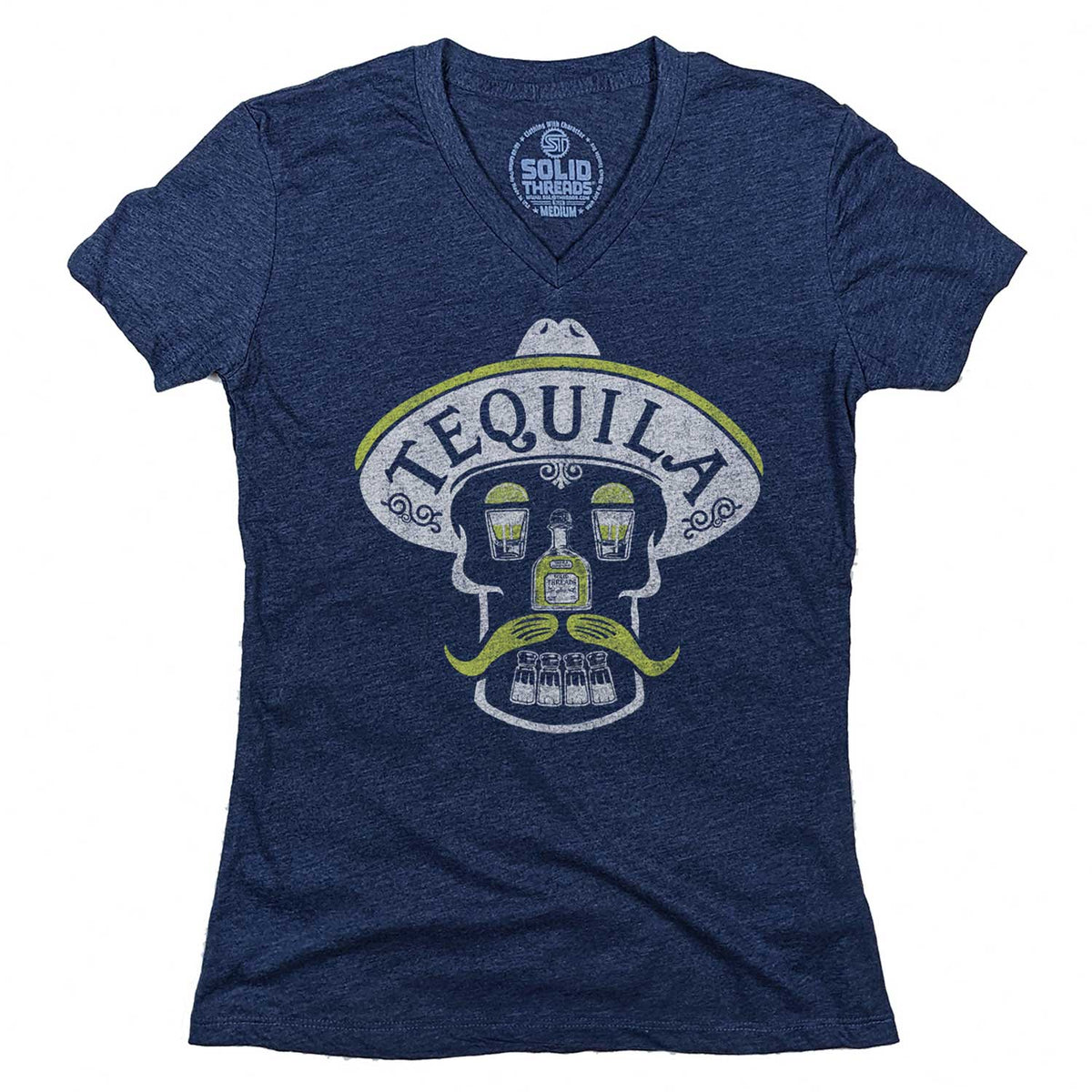 Women&#39;s Tequila Skull Vintage Graphic V-Neck Tee | Funny Drinking T-shirt | Solid Threads