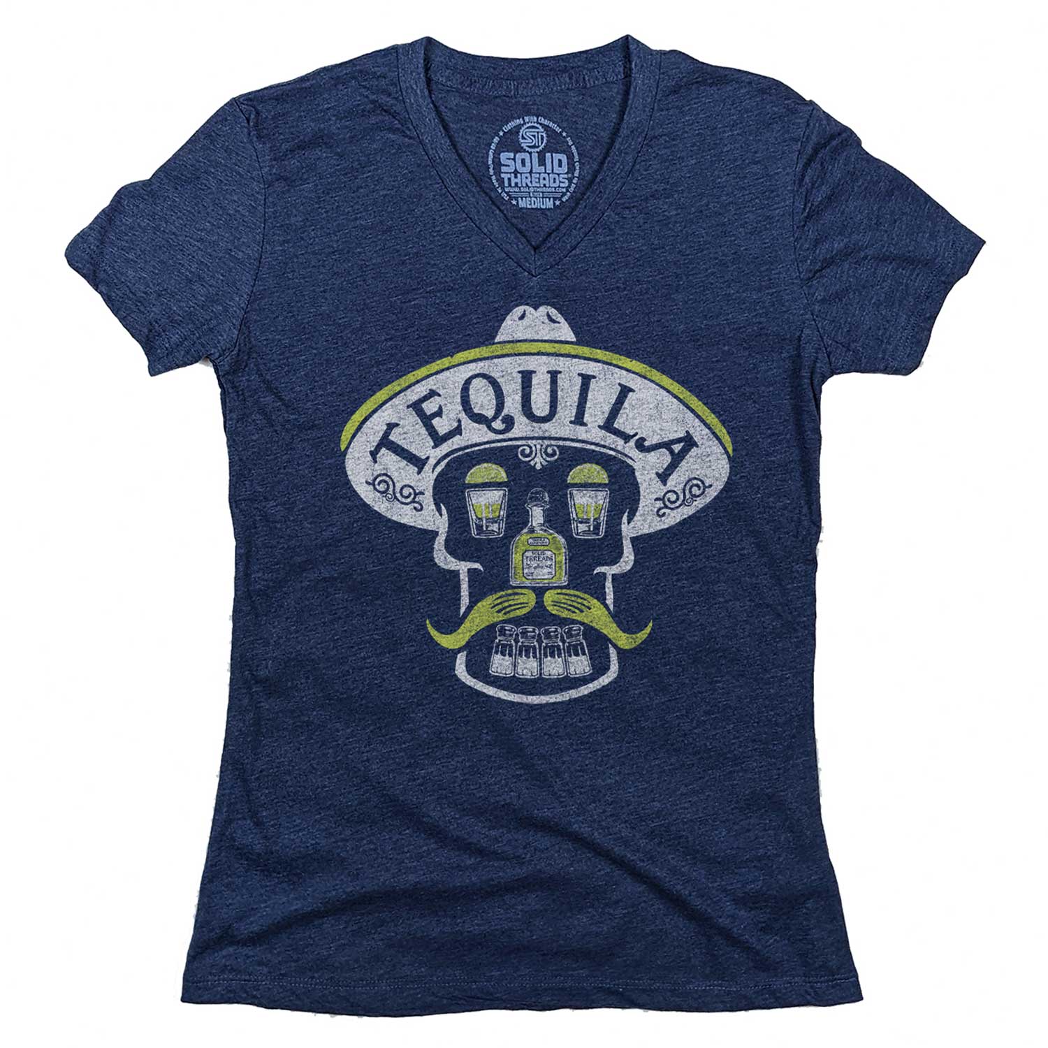 Women's Tequila Skull Vintage Graphic V-Neck Tee | Funny Drinking T-shirt | Solid Threads