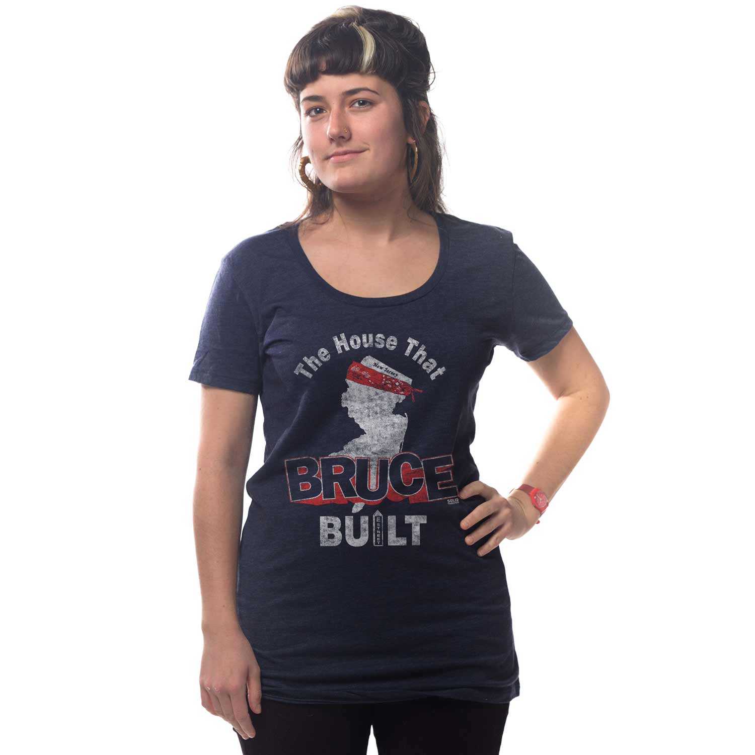 Women's House Bruce Built Vintage Graphic Tee | Cool Springsteen T-Shirt On Model | Solid Threads