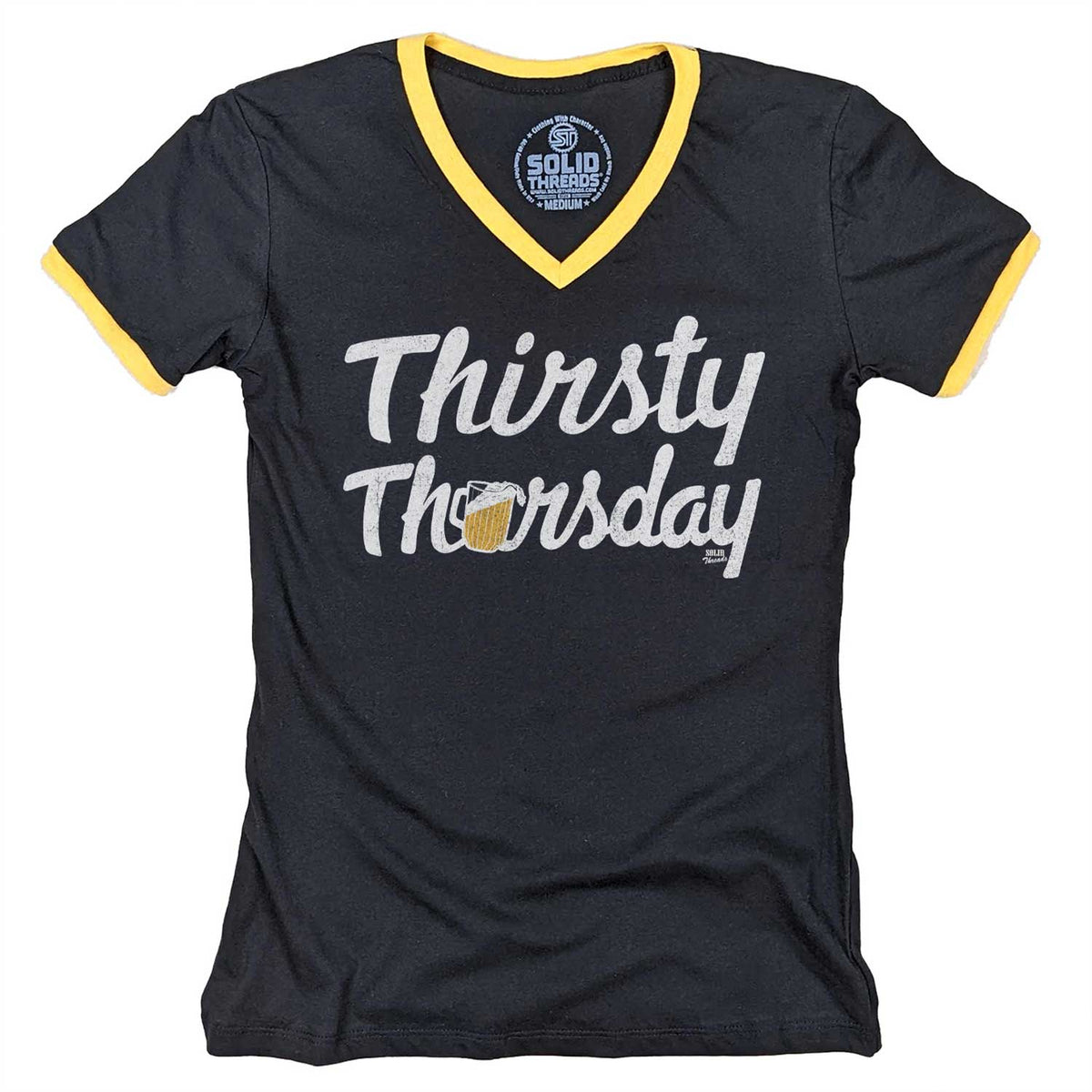 Women&#39;s Thirsty Thursday Vintage Graphic V-Neck Tee | Funny Drinking T-shirt | Solid Threads