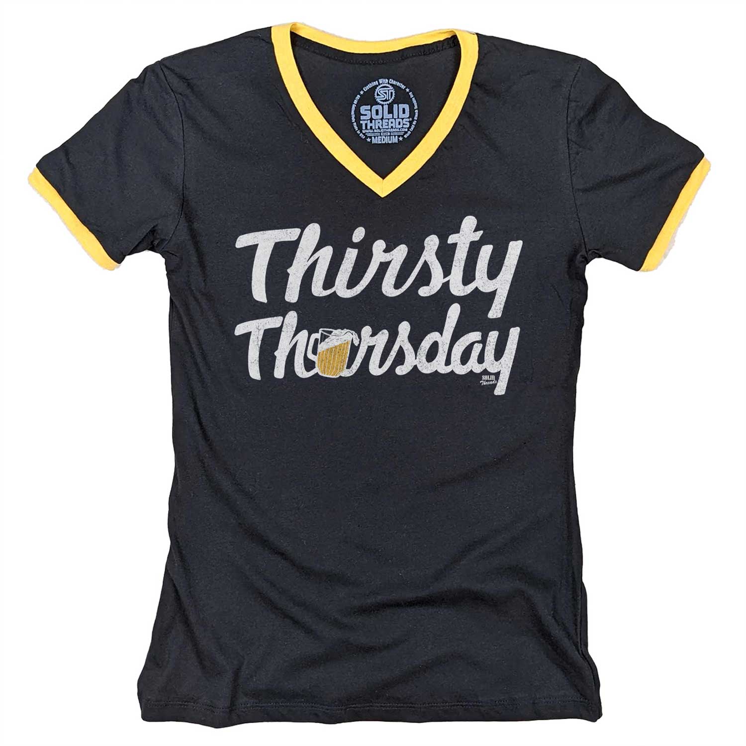 Women's Thirsty Thursday Vintage Graphic V-Neck Tee | Funny Drinking T-shirt | Solid Threads