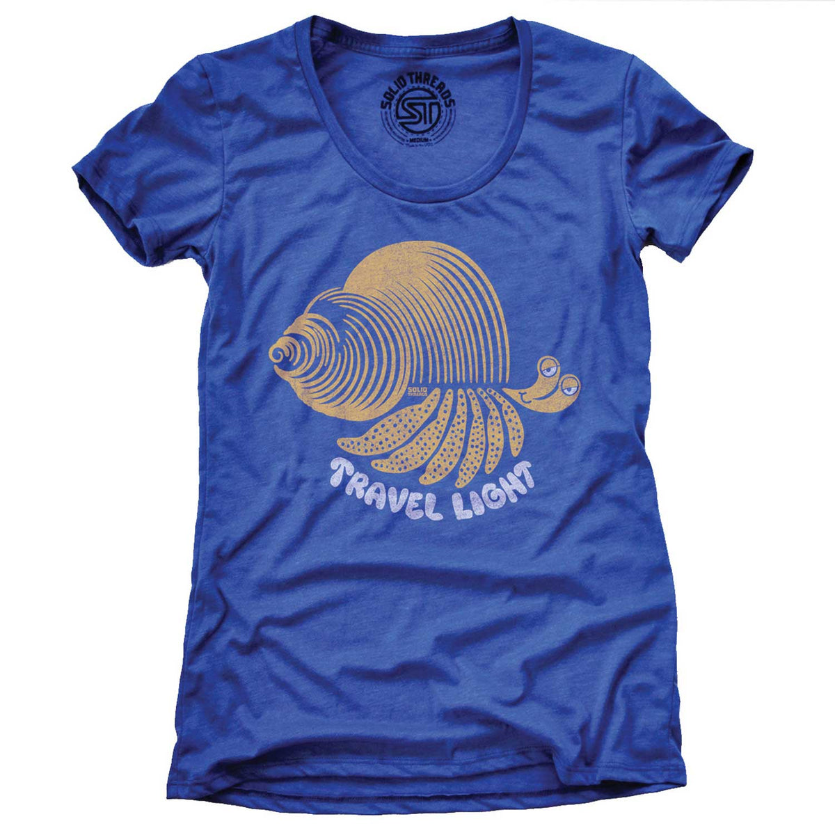 Women&#39;s Travel Light Funny Hermit Crab Graphic Tee | Vintage Mindfulness T-shirt | Solid Threads