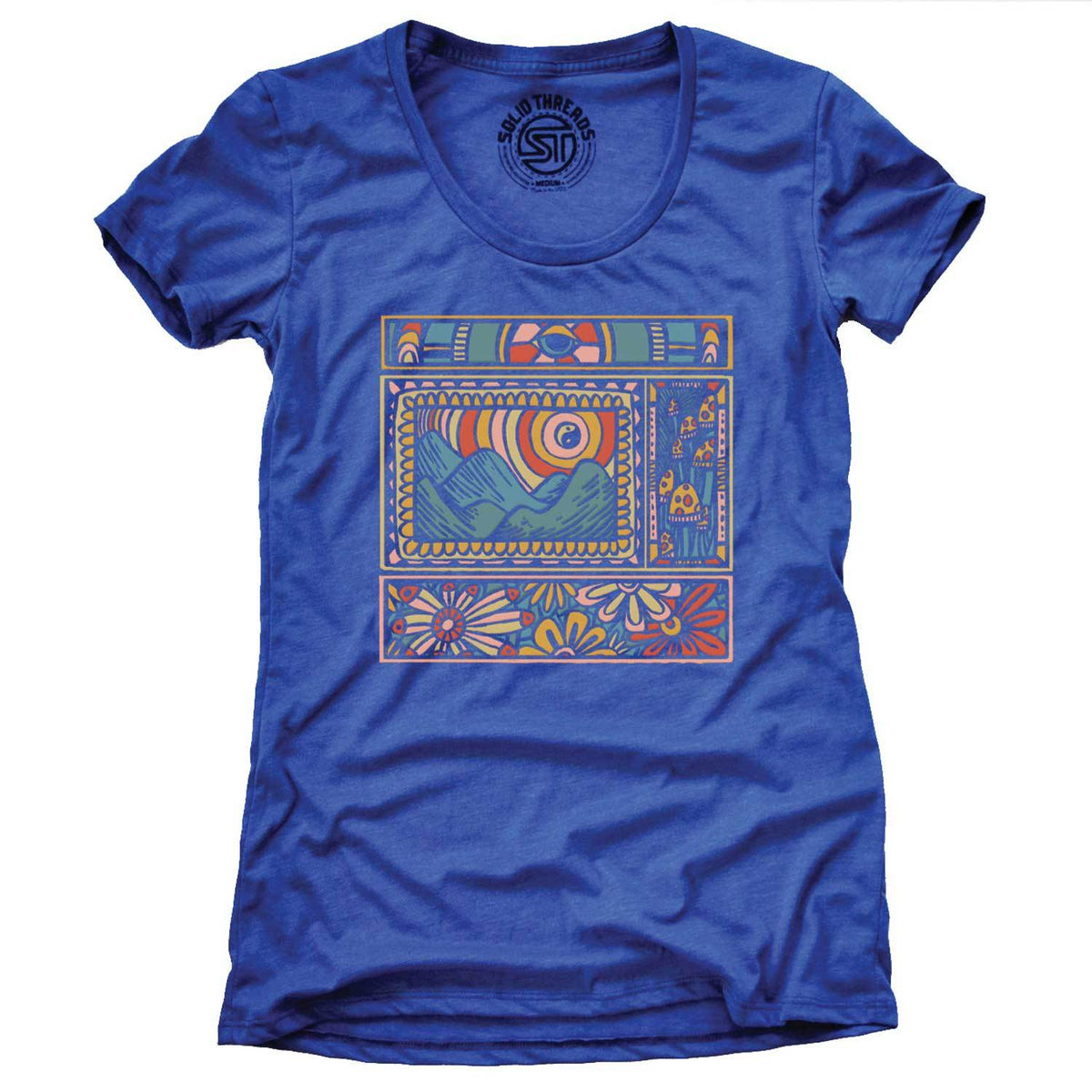 Vintage Women&#39;s Trippy Nature Psychedelic Graphic Tee | Cool Artsy Mushrooms T-Shirt | Solid Threads