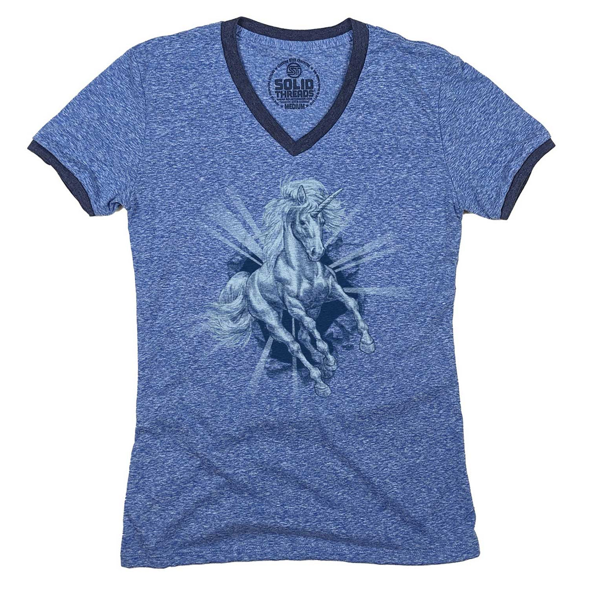 Women&#39;s Unicorn Chest Vintage Graphic V-Neck Tee | Funny Mythical T-shirt | Solid Threads