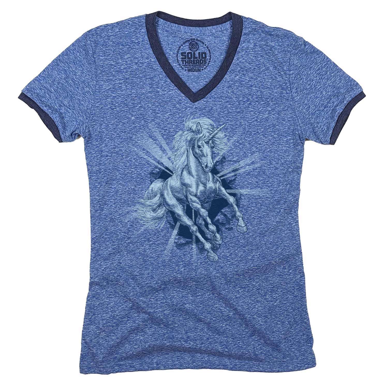 Women's Unicorn Chest Vintage Graphic V-Neck Tee | Funny Mythical T-shirt | Solid Threads