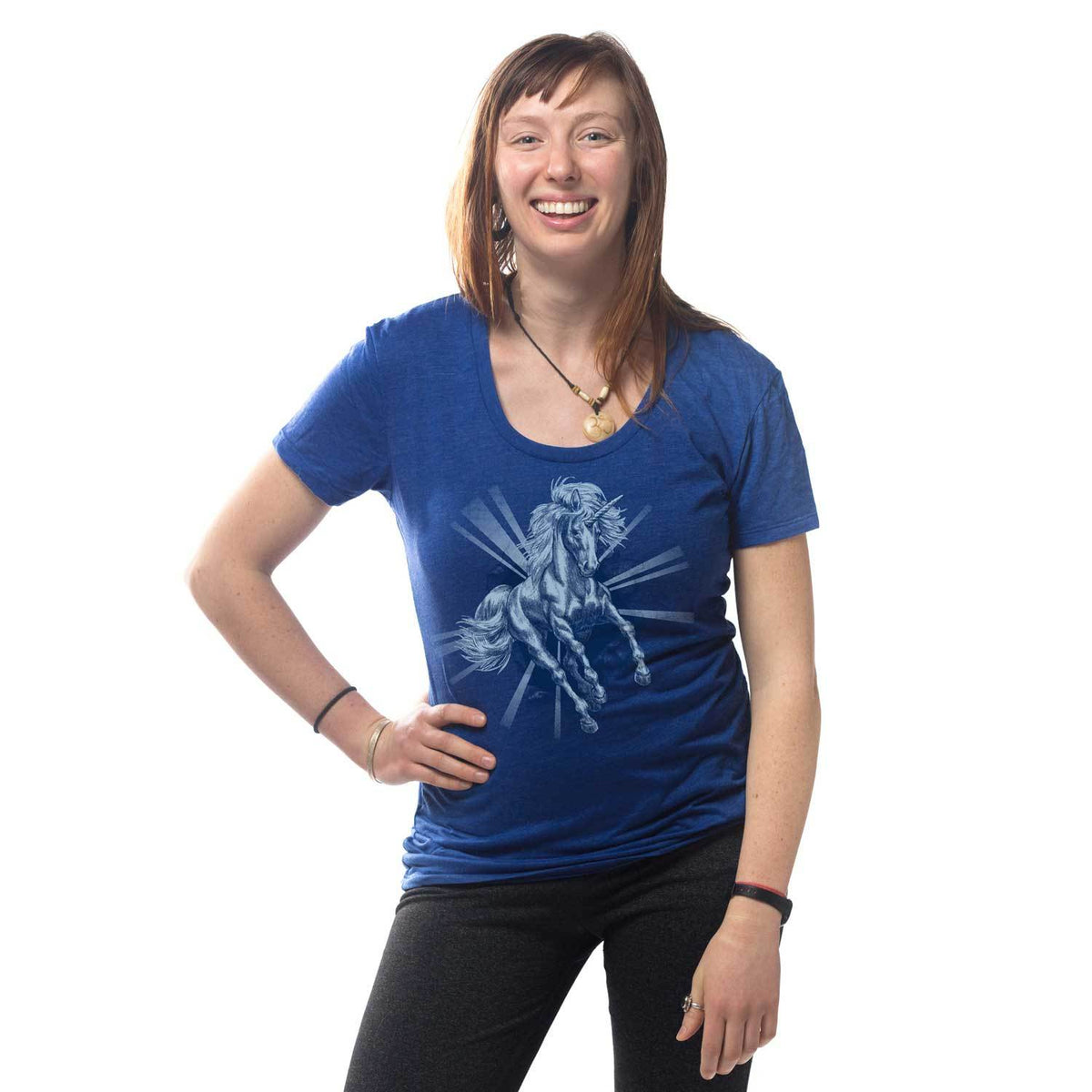 Women's Unicorn Chest Cool Mythology Graphic T-Shirt | Vintage Pegasus Tee on Model | Solid Threads