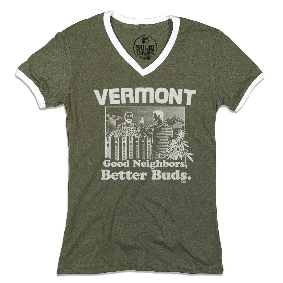 Women&#39;s Vermont Better Buds Vintage Graphic V-Neck Tee | Funny Marijuana T-Shirt | Solid Threads