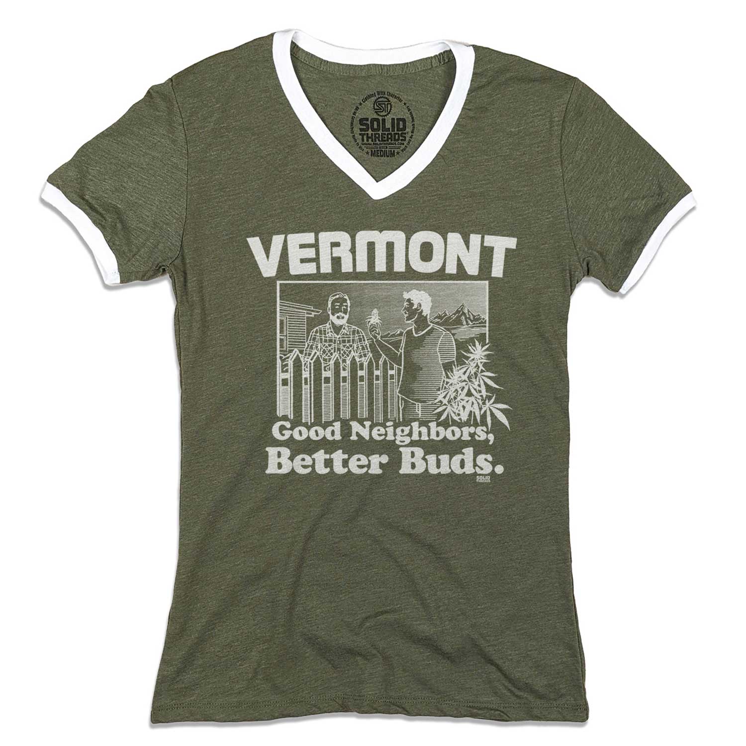 Women's Vermont Better Buds Vintage Graphic V-Neck Tee | Funny Marijuana T-Shirt | Solid Threads