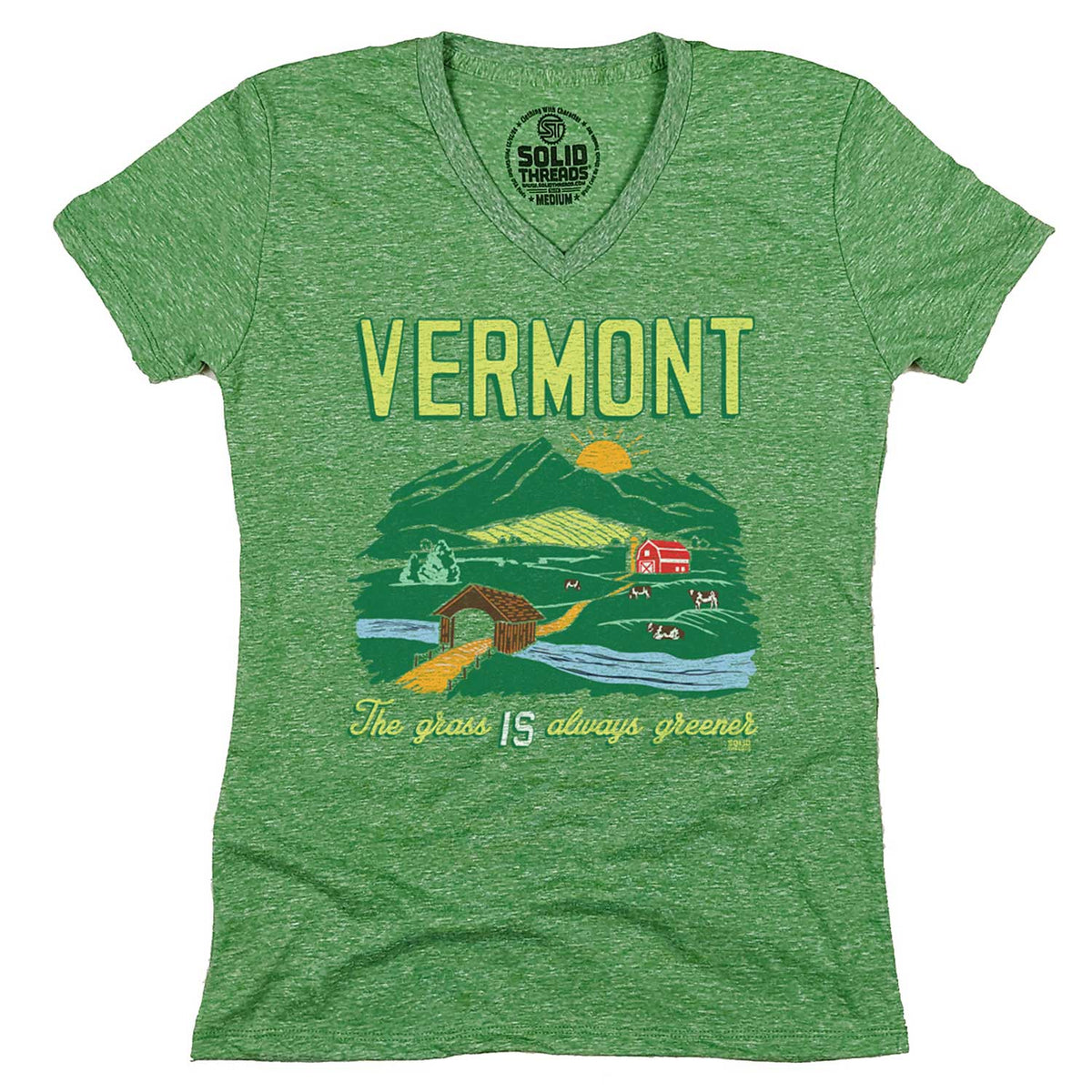 Women&#39;s Vermont The Grass IS Always Greener Vintage Farmland Graphic V-Neck Tee | Solid Threads