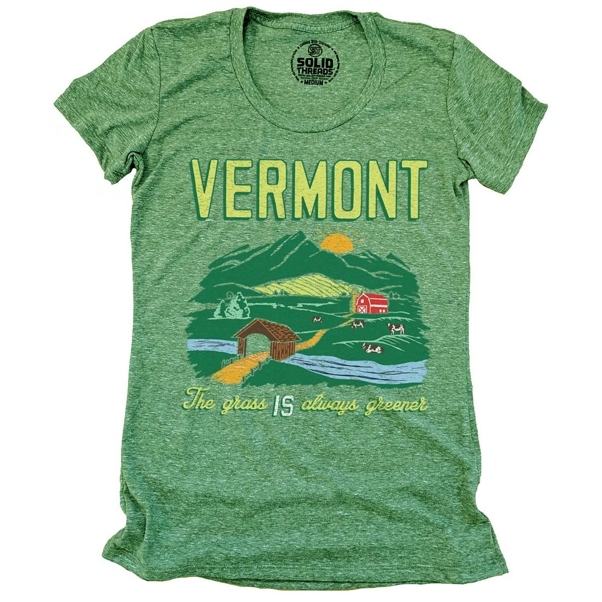 Women&#39;s Vermont Grass is Always Greener Graphic Tee | Retro Farm Landscape T-Shirt | Solid Threads