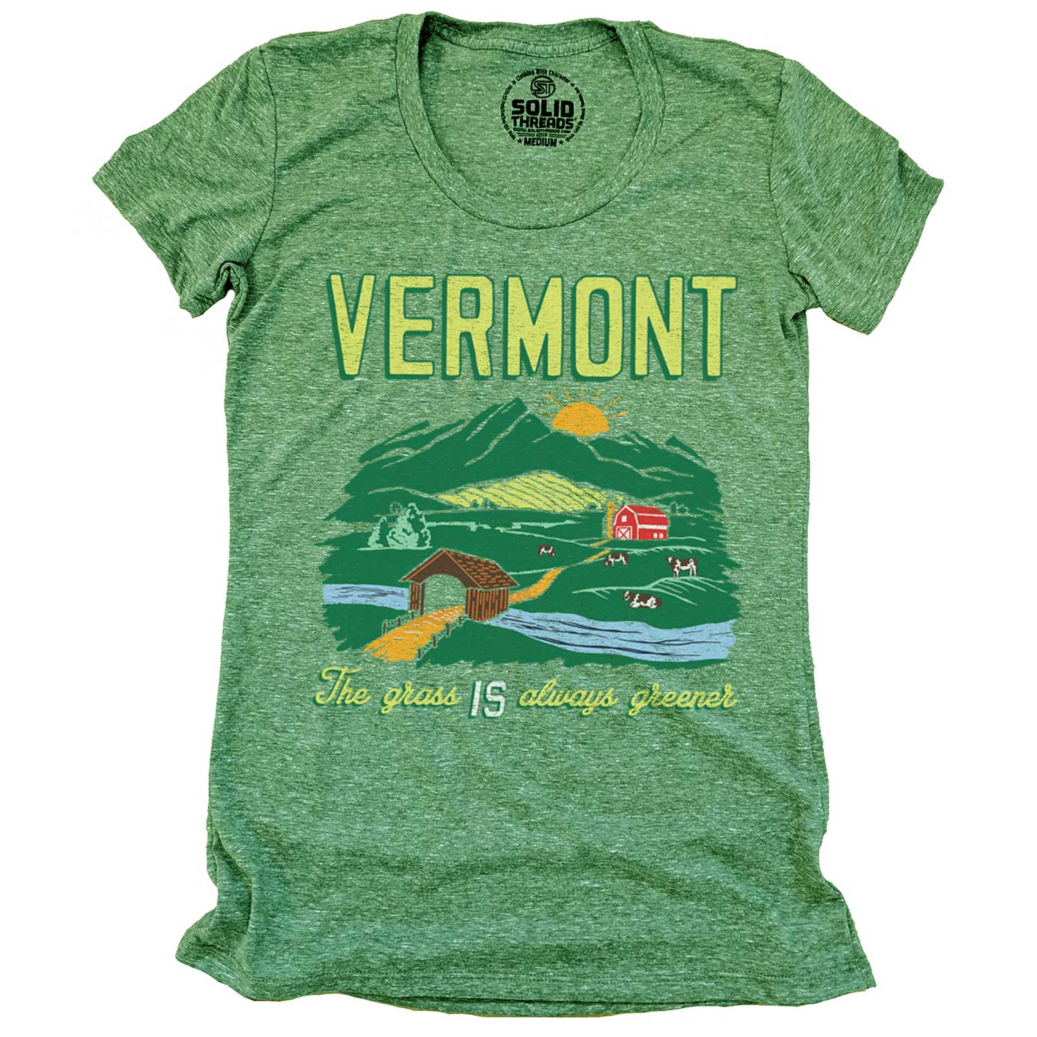 Women's Vermont Grass is Always Greener Graphic Tee | Retro Farm Landscape T-Shirt | Solid Threads