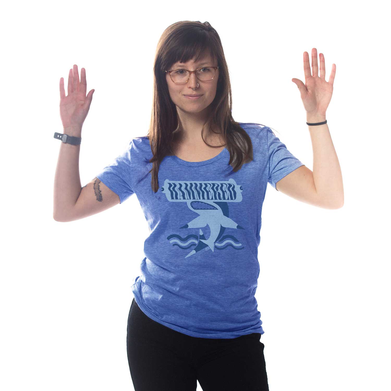 Women's Hammered Vintage Shark Graphic T-Shirt | Funny Beach Vacation Tee | Solid Threads