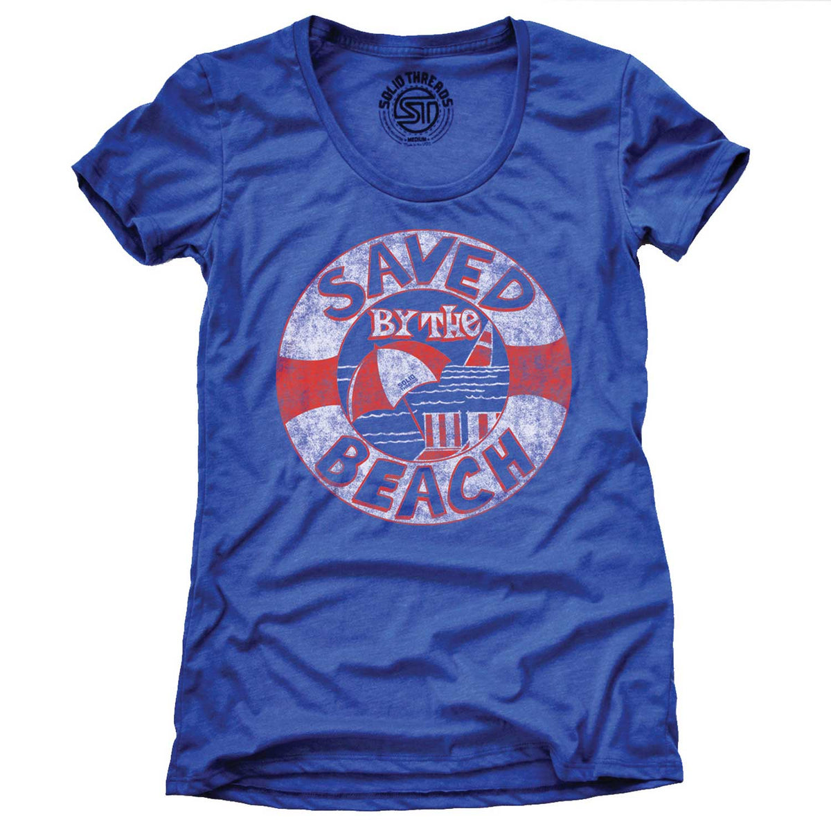 Women&#39;s Saved By The Beach Cool Lifeguard Graphic T-Shirt | Vintage Surfing Tee | Solid Threads