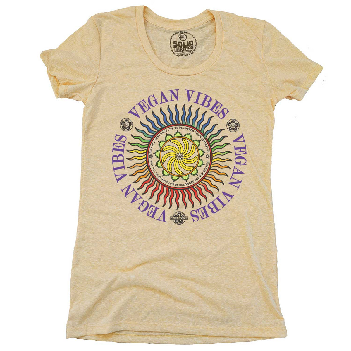Women&#39;s Vegan Vibes Cool Hippie Graphic T-Shirt | Vintage Vegetarian Tee | Solid Threads
