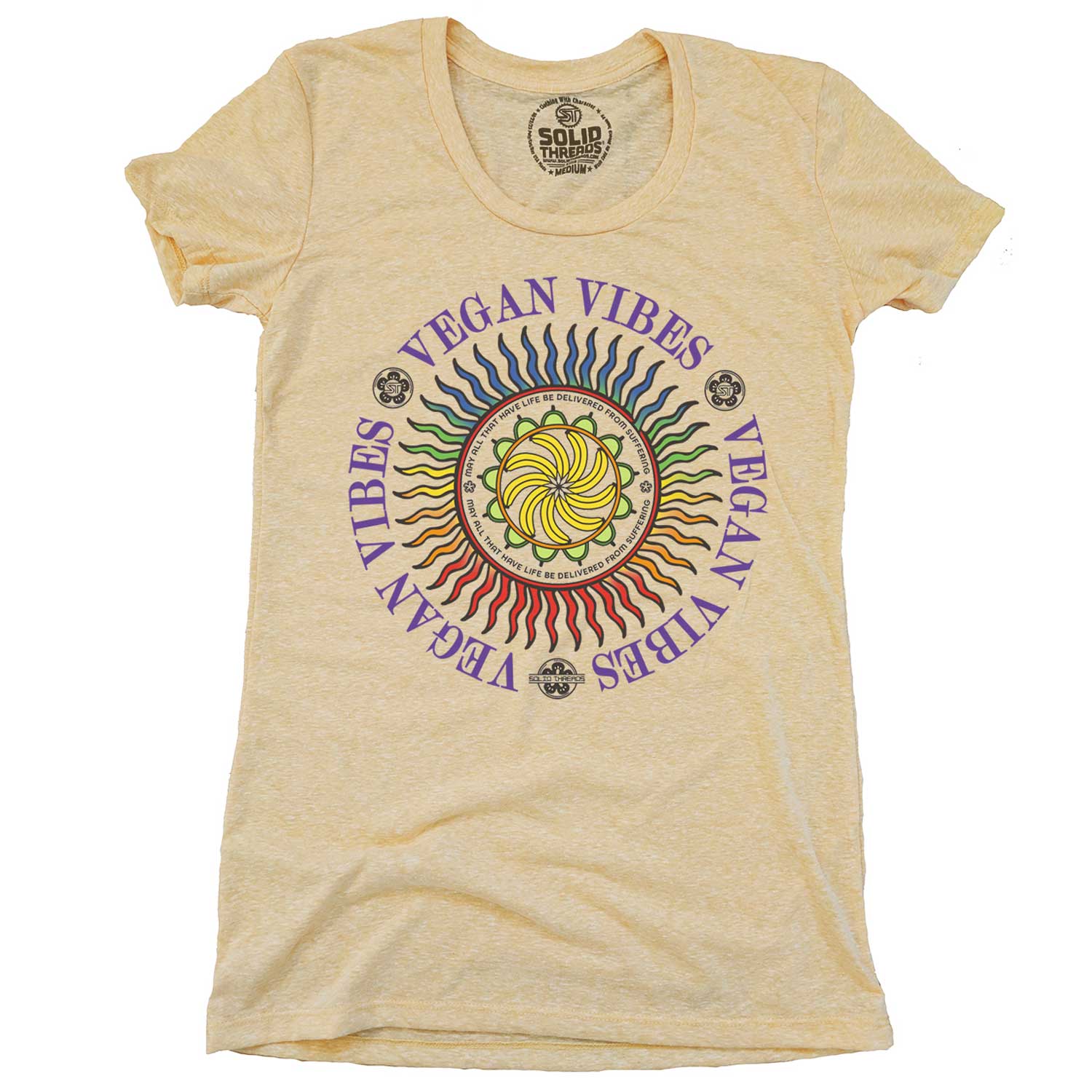 Women's Vegan Vibes Cool Hippie Graphic T-Shirt | Vintage Vegetarian Tee | Solid Threads