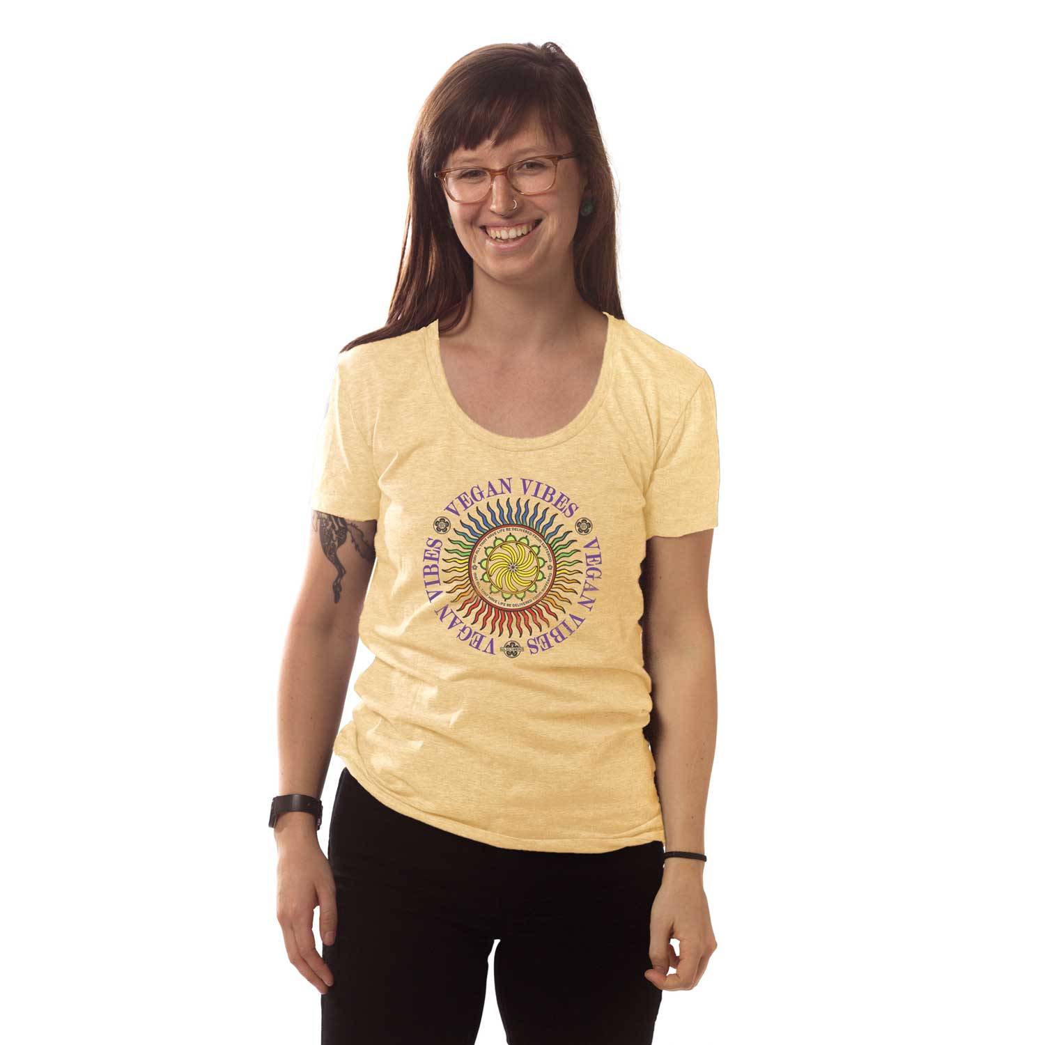 Women's Vegan Vibes Cool Hippie Graphic T-Shirt | Vintage Vegetarian Tee on Model | Solid Threads
