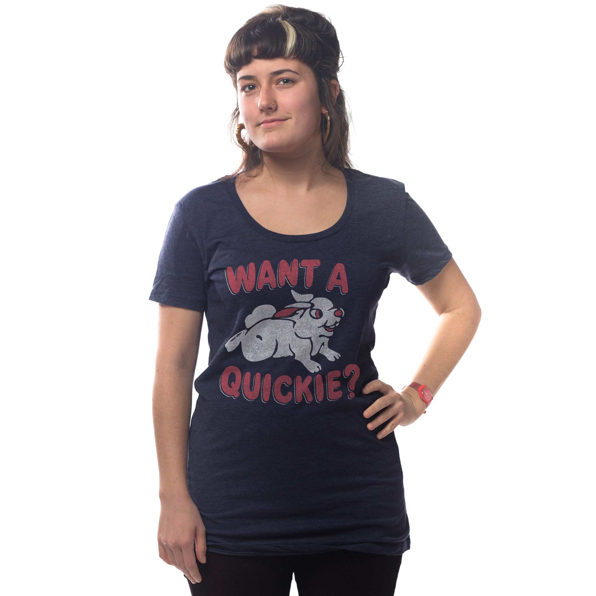 Women's Want A Quickie Vintage Graphic T-Shirt | Funny Playboy Soft Tee on Model | Solid Threads