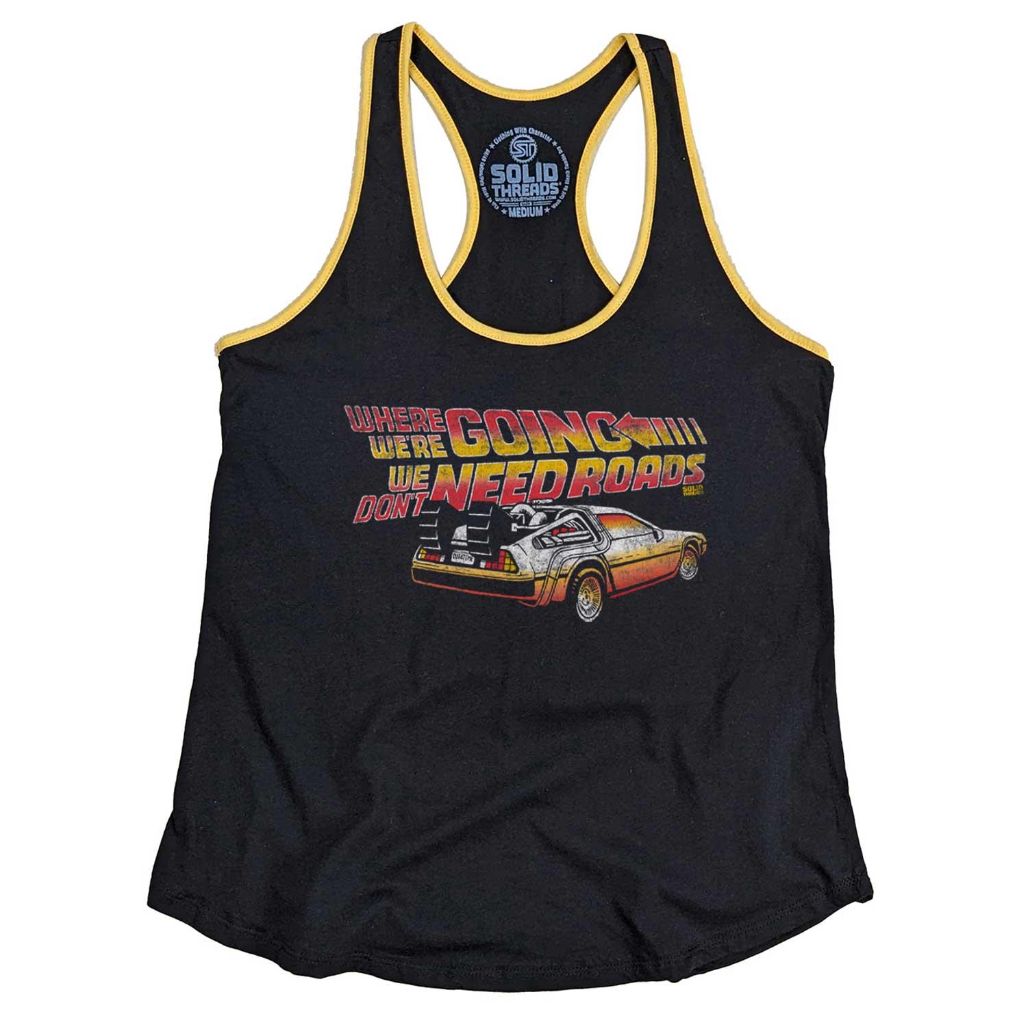 Women's Where We're Going, We Don't Need Roads Vintage Graphic Tank Top | Solid Threads