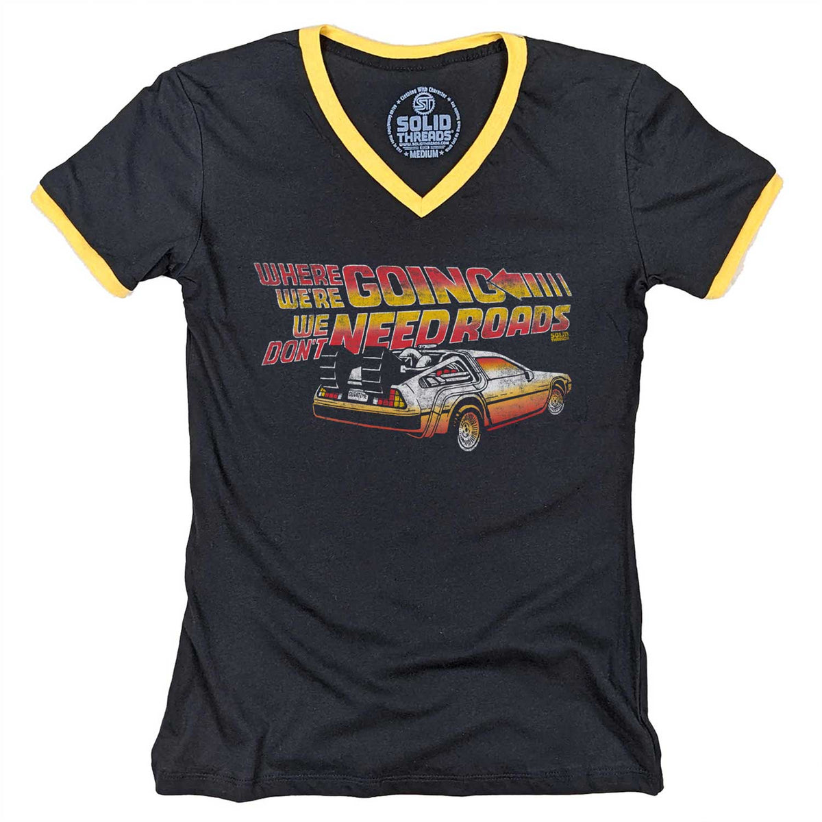 Women&#39;s Where We&#39;re Going, We Don&#39;t Need Roads Vintage Graphic V-Neck Tee | Solid Threads