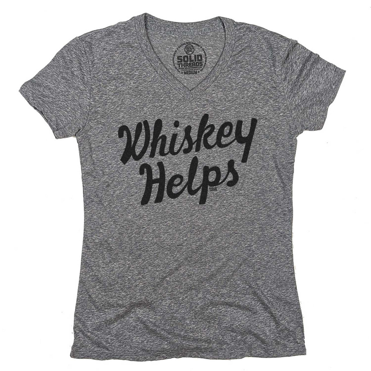 Women&#39;s Whiskey Helps Vintage Graphic V-Neck Tee | Funny Drinking T-Shirt | Solid Threads
