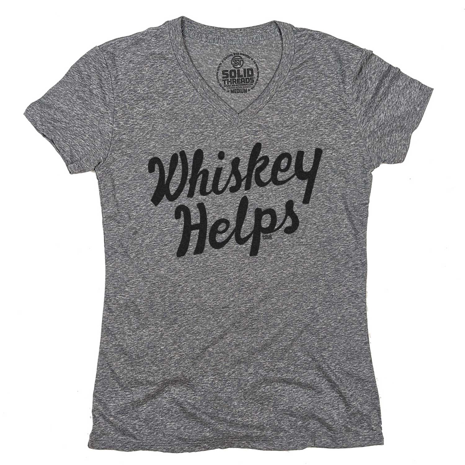 Women's Whiskey Helps Vintage Graphic V-Neck Tee | Funny Drinking T-Shirt | Solid Threads