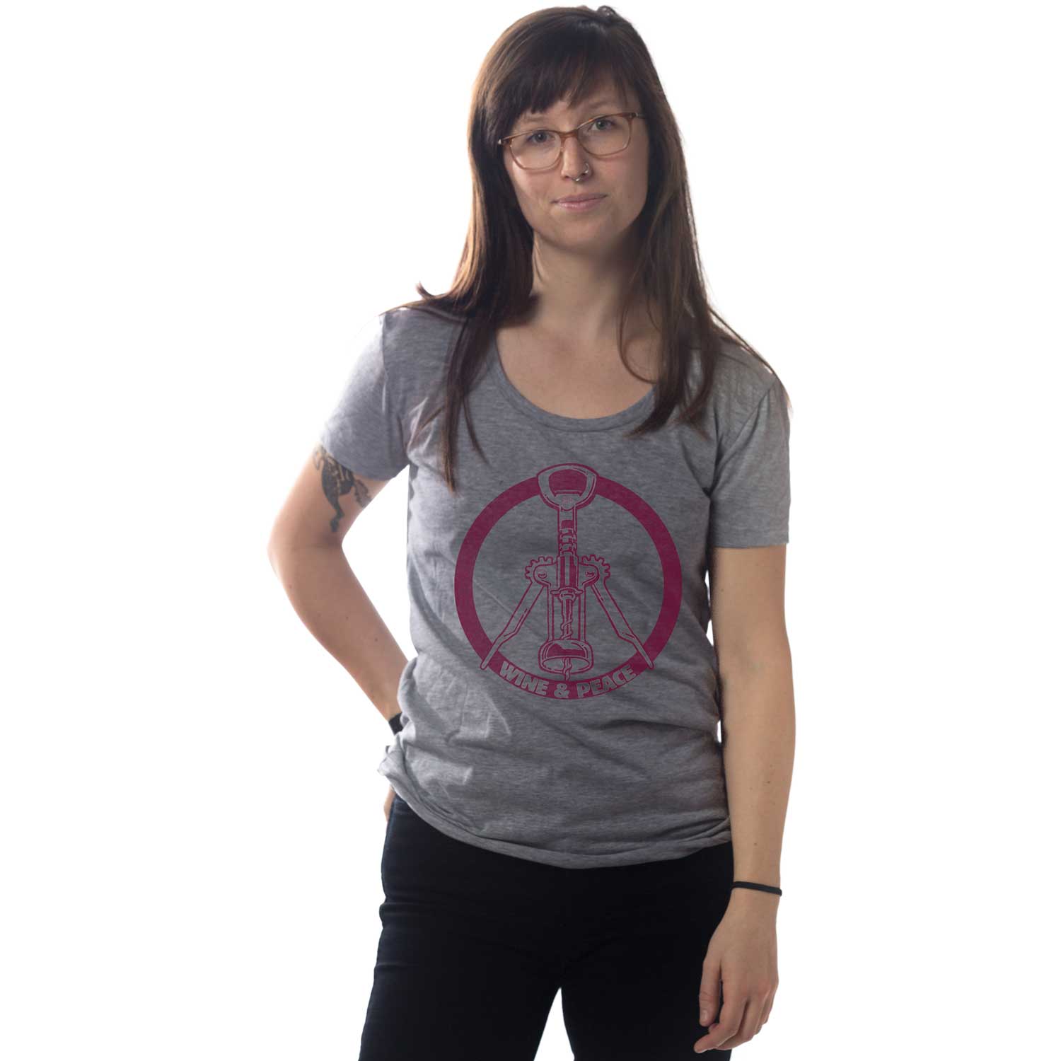 Women's Wine & Peace Cool Drinking Graphic T-Shirt | Vintage Vineyard Tee on Model | Solid Threads