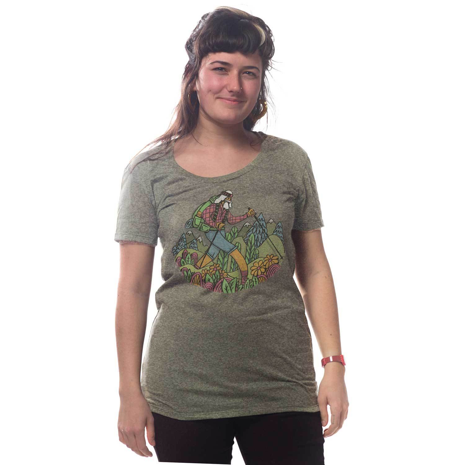 Women's Wise Hiker Vintage Mountain Graphic Tee | Retro Outdoorsy T-shirt on Model | Solid Threads