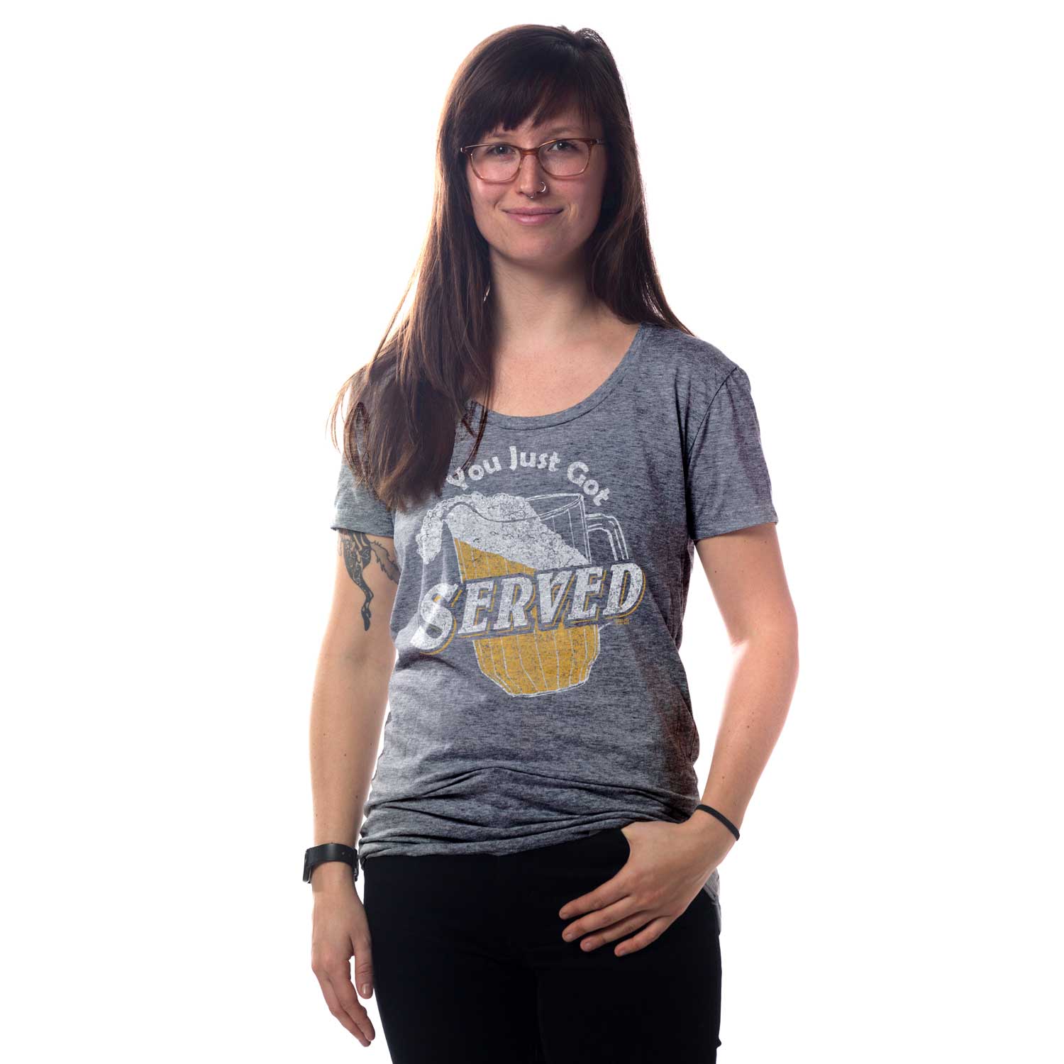 Women's You Just Got Served Vintage T-shirt | Funny Beer Pitcher Graphic Tee On Model| Solid Threads